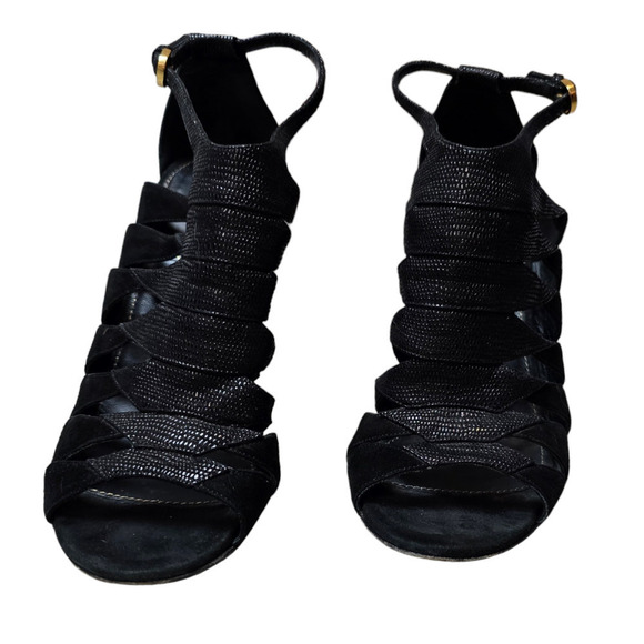 Sergio Rossi Caged Open Toe Sandal Bootie Heels Black Leather Designer 37 - Picture 8 of 9